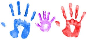 Mommy, daddy and child hand prints, isolated on white background